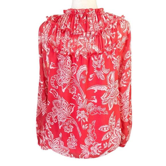 Evereve Hayden Chiffon Gathered Blouse Orange Red M Feminine Whimsical Boho Prep - Picture 3 of 10